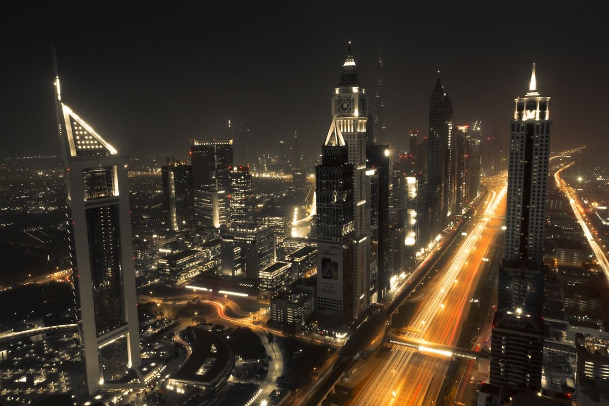 Dubai highway and city skyline